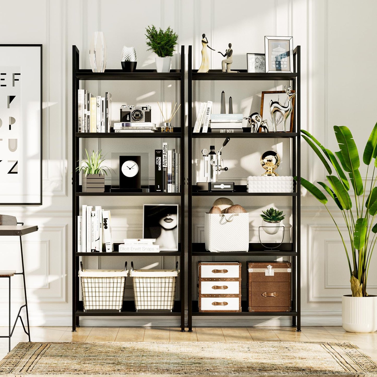 NUMENN Bookshelf, 5 Tier Bookshelves, Home Office Bookcase Shelf Storage Organizer, Free Standing Storage Shelving Unit for Bedroom, Living Room and Home Office, Black