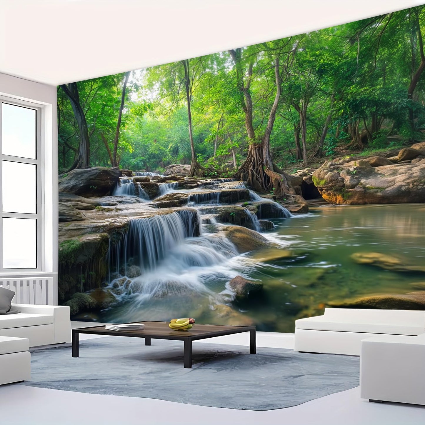 BSFHH Nature Tapestry Forest Tree Sea Cave Wall Hanging, Stream Through Rainforest Landscape Wall Art Tapestry for Bedroom Living room (Creek, 90"×70", Unframed)