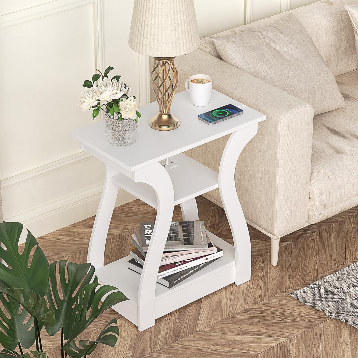 End Tables Living Room, White End Table with Charging Station,White Side Table, Nightstand for Bedroom, 3 Tier End Table with Storage Shelf for Living Room