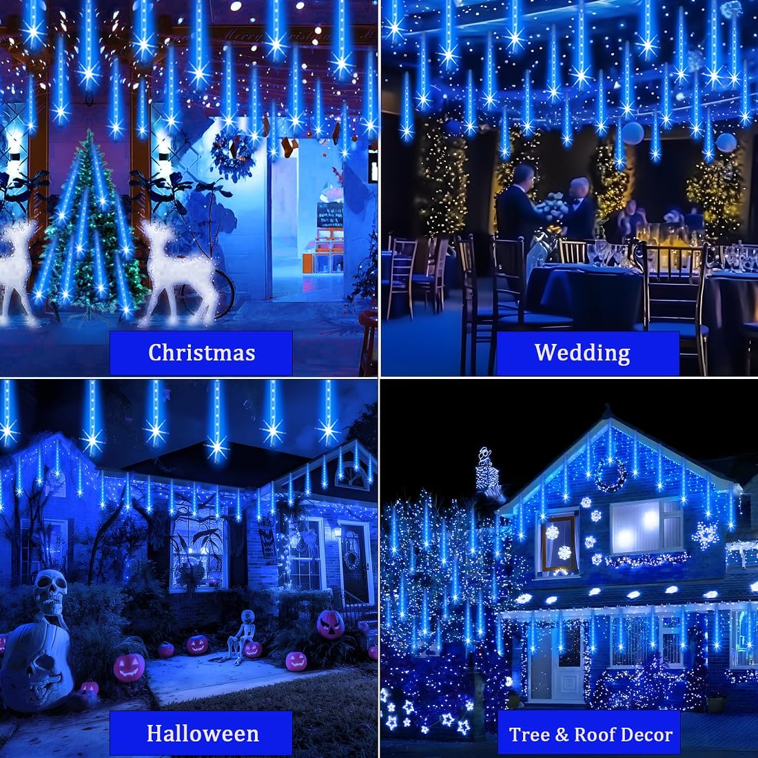 Christmas Lights Outdoor UL Certified 24 Tubes 576 LEDs (Equivalent to 3 Sets of 8 Tubes) Meteor Shower Lights Falling Rain Drop Icicle Light for Christmas Decorations Halloween Party, Blue