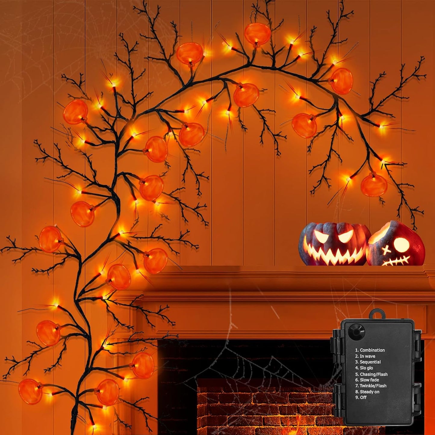 [ 8 Modes & Timer ] Halloween Willow Vine Twig Decor Garland with Pumpkins, 6 FT 54 LED Battery Operated for Indoor Halloween Decorations Home Mantle Fireplace