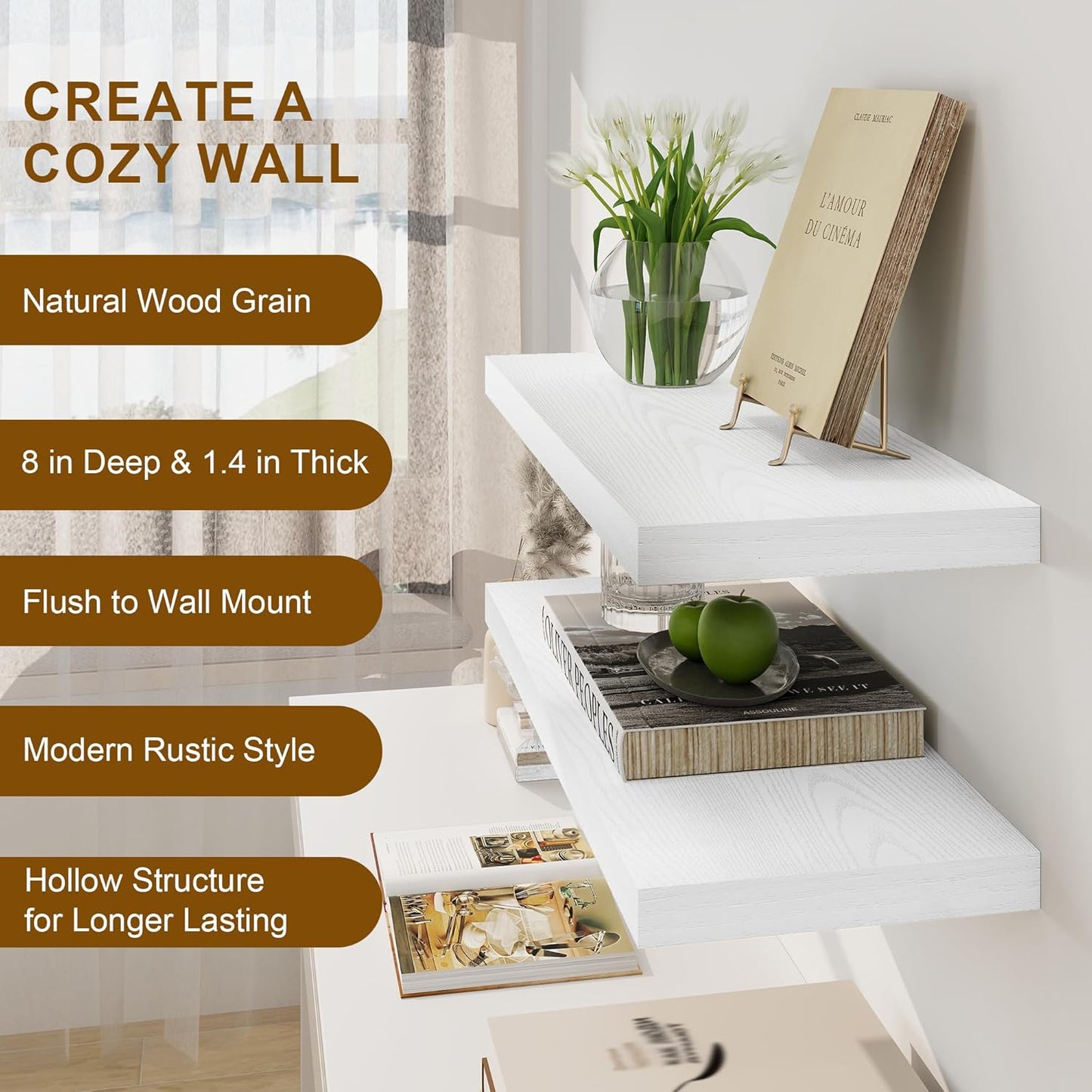 Fun Memories White Floating Shelves 36 Inch Long, 8 Inch Deep Floating Shelf for Wall, 36" W x 8" D Floating Shelves Set of 2, White Deep Wall Shelves for Bedroom, Living Room, Kitchen