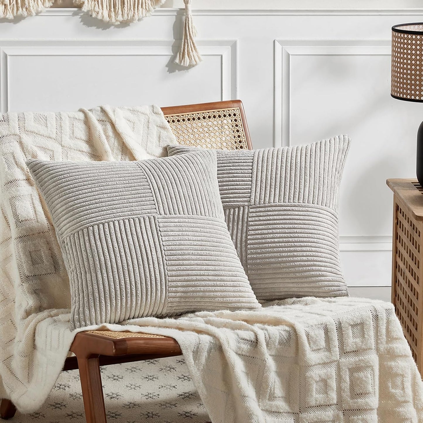 Fancy Homi 2 Packs Neutral Grey Decorative Throw Pillow Covers 20x20 Inch for Living Room Couch Bed Sofa, Farmhouse Boho Home Decor, Soft Corss Corduroy Patchwork Accent Square Cushion Case 50x50 cm