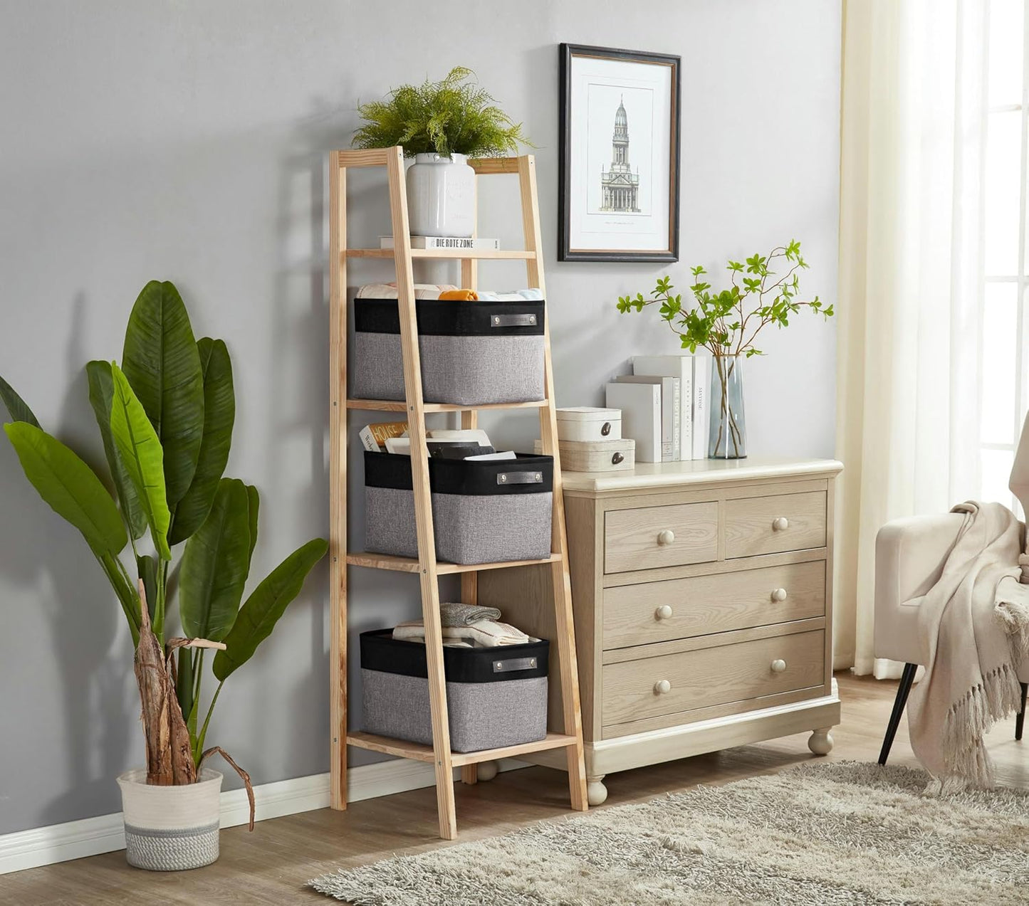 DECOMOMO Storage Baskets for Shelves - Fabric Closet Organizers and Storage Bins, Perfect Baskets for Organizing Closet Toys Nursery (Grey and Black, Large - 3 Pack)