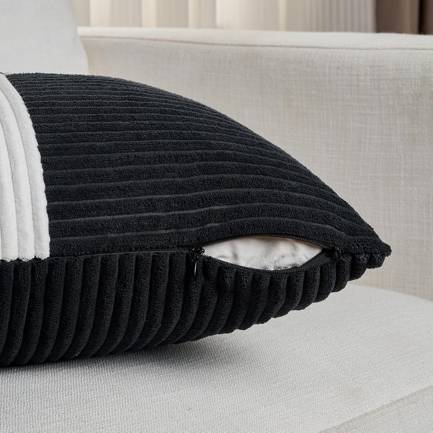 Fancy Homi Set of 2 Black White Euro Decorative Throw Pillow Covers 26x26 Inch for Bedroom Couch Bed, Farmhouse Boho Home Decor, Soft Cross Corduroy Patchwork Textured Square Cushion Case 66x66 cm