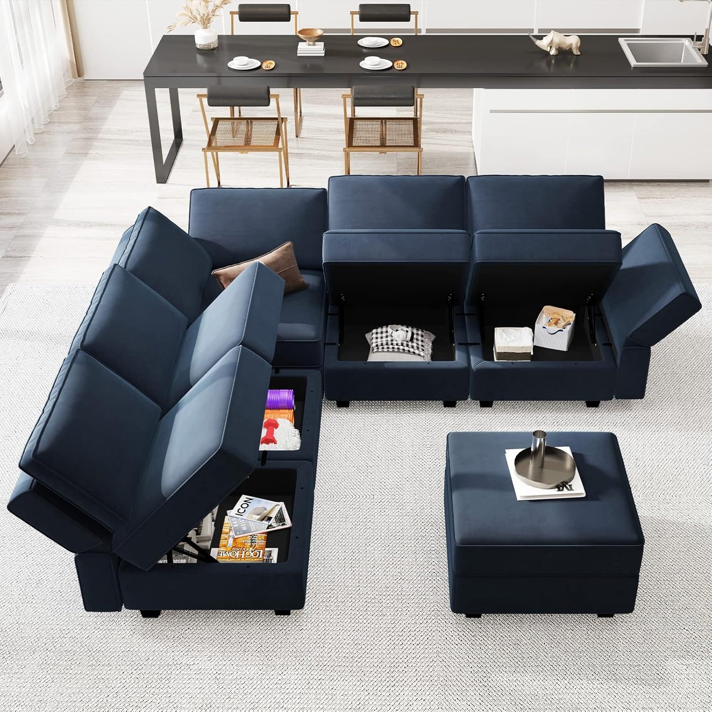 Belffin Modular Sectional Sofa with Storage Seats Velvet L Shaped Corner Couch Convertible Sectional Sofa with Chaise (Blue, L Shape-1)…