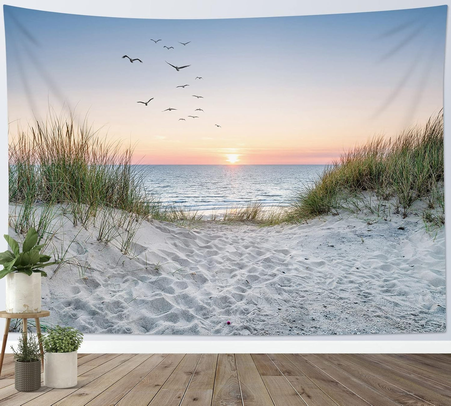 HVEST Ocean Beach Tapestry Wall Hanging, Sunset Seabird and Beach with Grass Wall Hanging Tapestry Natural Landscape Tapestry for Bedroom Living Room Dorm Decoration Wall Decor, 80x60 Inches