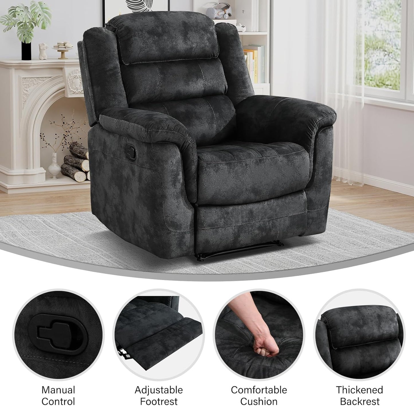 EBELLO Manual Recliner Chair, Soft Fabric Recliner Sofa with Overstuffed Armrest and Backrest for Living Room, Bedroom, Grey