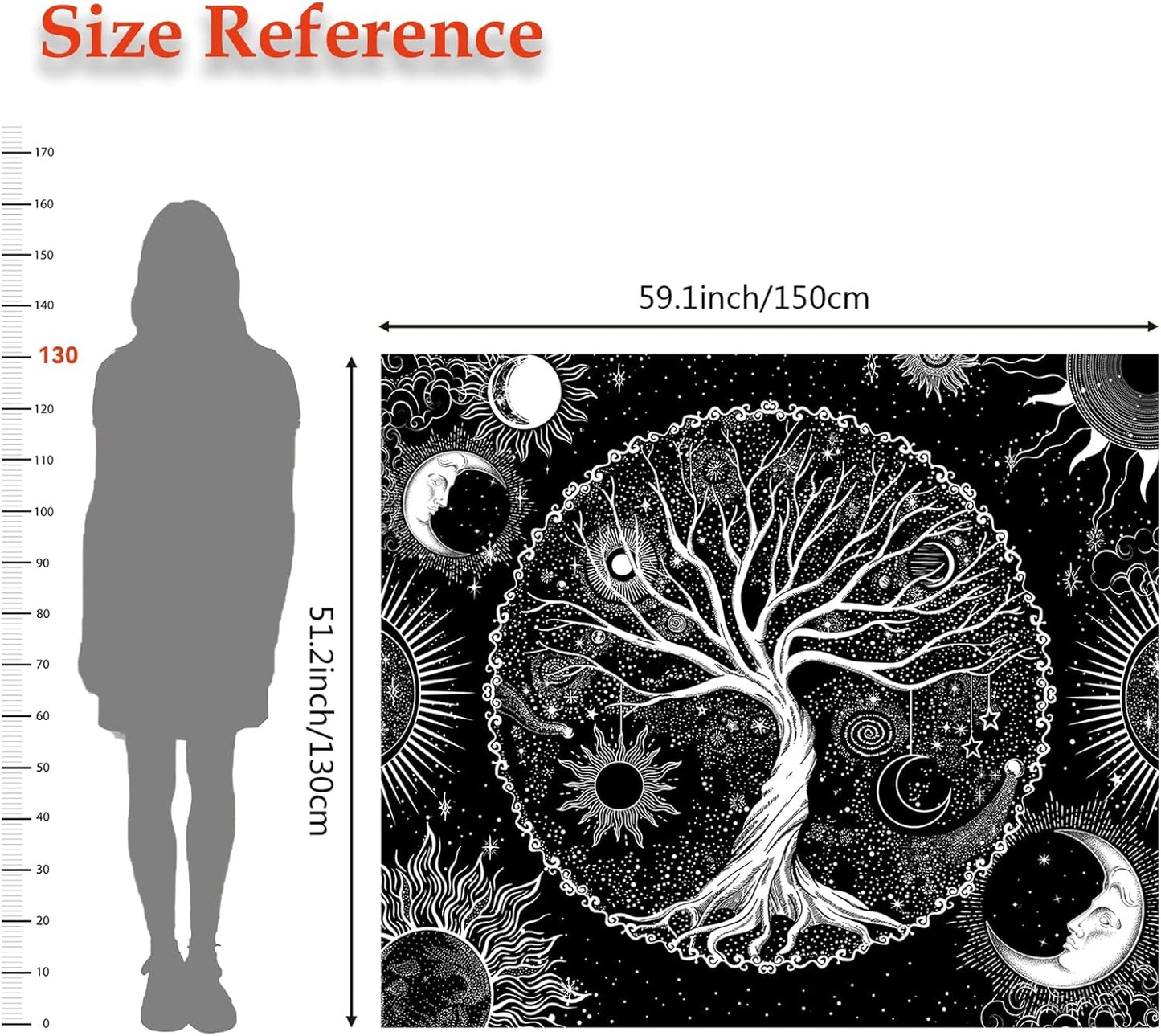 AACKart Tree of Life Tapestry for Bedroom Aesthetic Room Decor-Black and White Spiritual Tree Tapestry Wall Hanging with Sun Moon Star 59.1 x 51.2 inches