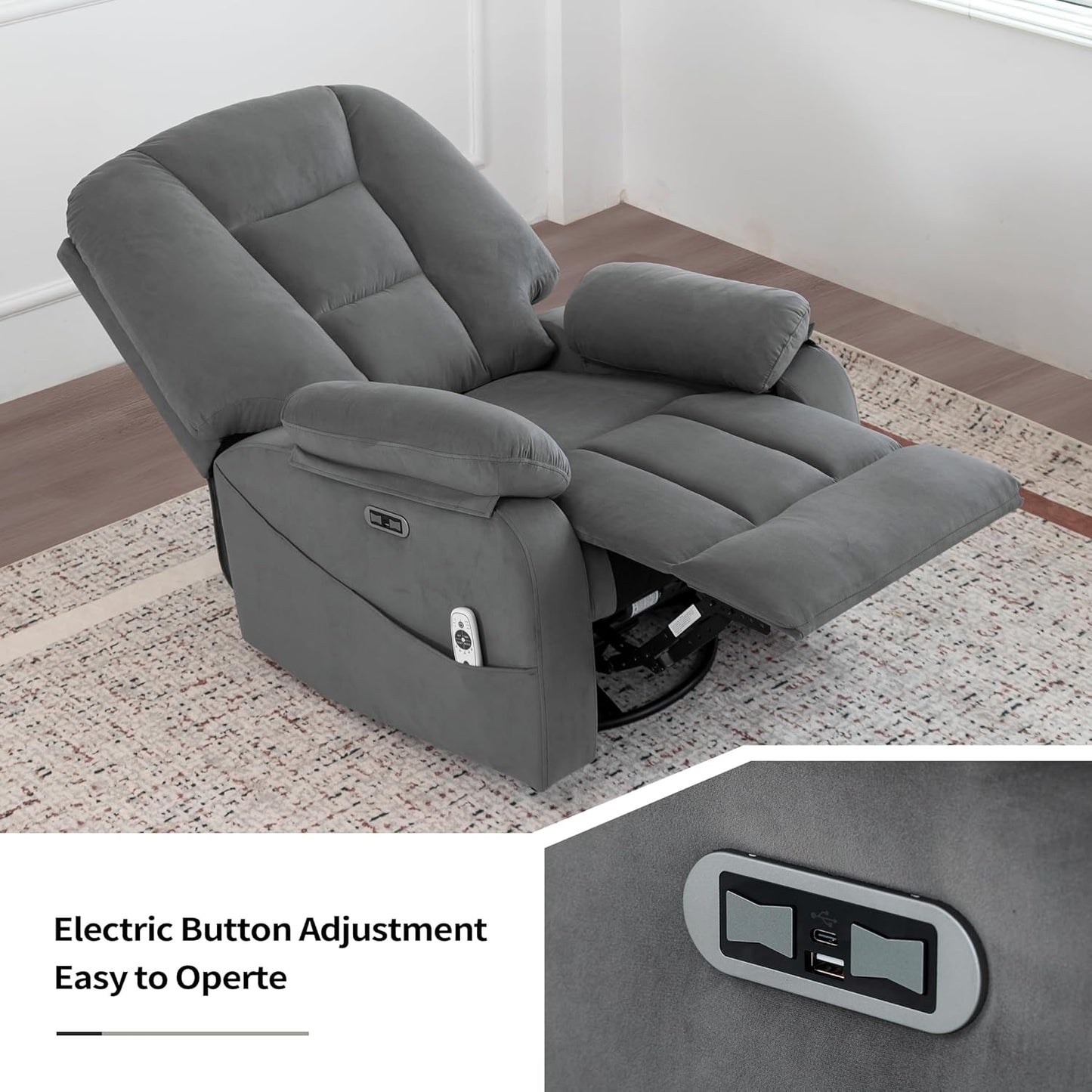 Power Swivel Rocker Recliner Chair for Adults,Rocking Recliners Chairs with Massage and Heat for Living Room, Electric Fabric Reclining Sofa Chair with USB and Type-C Port (Gray)