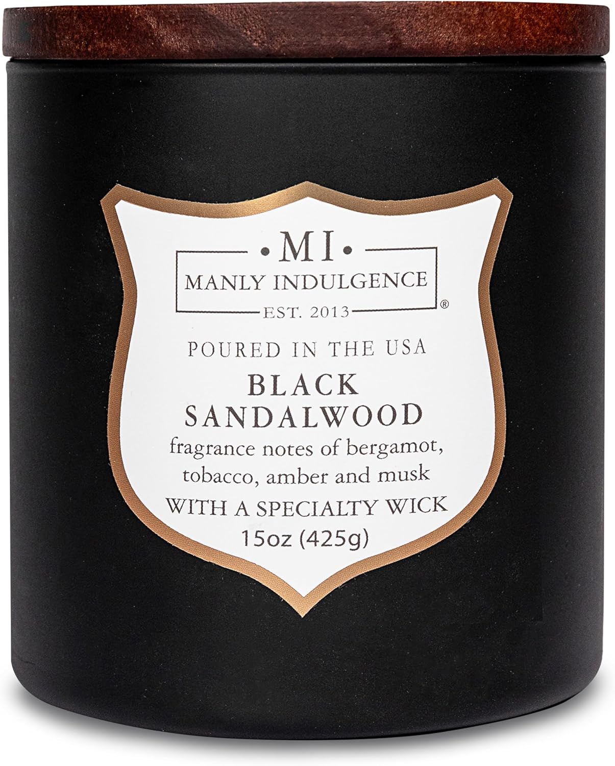Manly Indulgence Black Sandalwood Scented Candle for Men 15 oz – Bergamot, Tobacco, Amber & Musk - Wood Wick - Up to 60 Hours Burn - Soy Blend Wax, USA Poured – Signature Collection