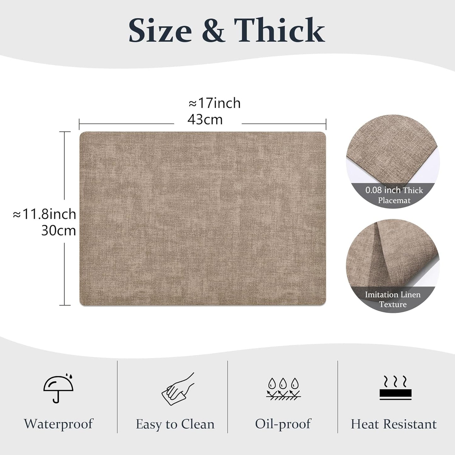 FROMHEART Faux Leather Placemats Set of 6–Waterproof,Heat/Oil Stain-Resistant PU Table Mat–Reversible,Non-Slip,Easy to Clean Place Mats for Kitchen,Dining,Indoor/Outdoor,(Light Coffee,11.8" x 17")