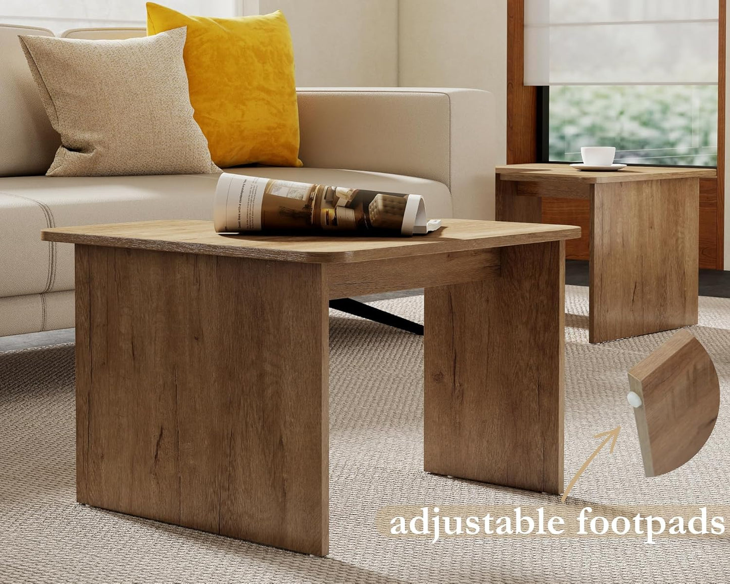 VESCASA Modern L Shaped Nesting Coffee Table Set of 2 Modular Rectangle Walnut Wood Table for Living Room