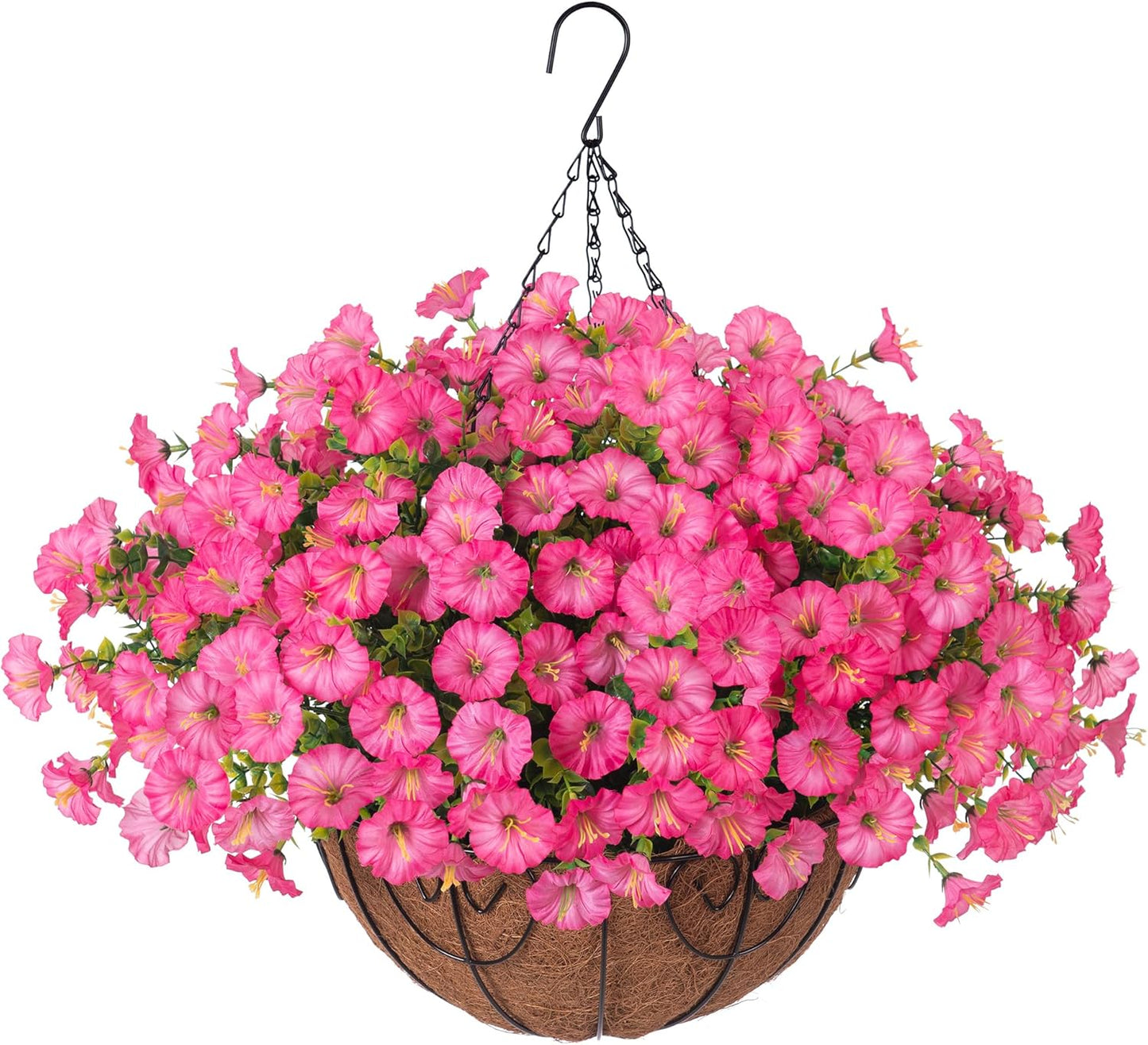 Artificial Faux Hanging Plants Flowers Basket for Outdoors Outside Spring Summer Decoration, Silk Pink Morning Glory in Planter UV Resistant Look Real Fake Flowers for Porch Patio Balcony Home Yard
