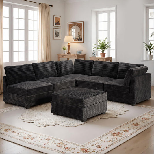 HOOOWOOO Modular Sectional Sofa,6 Pieces Sectional Couches for Living Room,98X98 L Shaped Cloud Couch with Ottoman Chaise Set(Black Velvet Corduroy)
