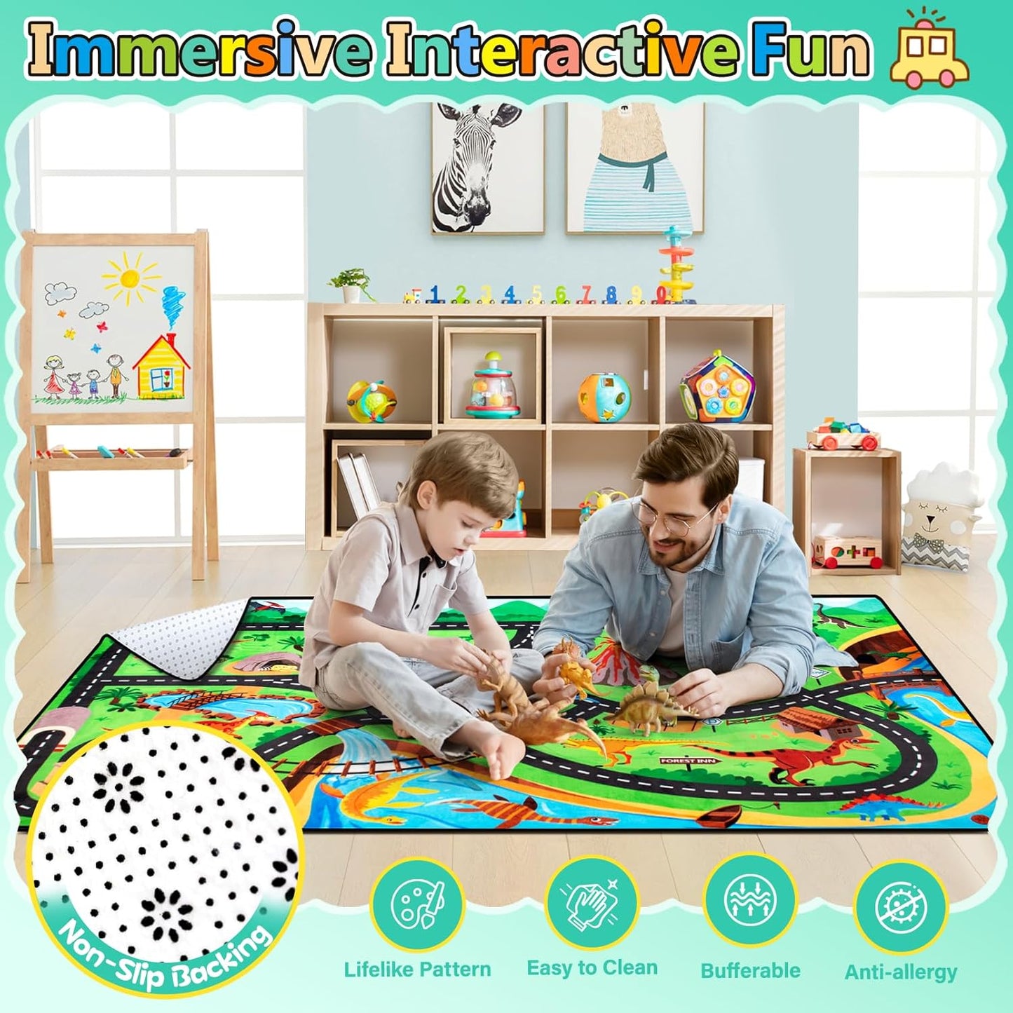 Kids Rug, Car Carpet for Kids' Toy Cars, 4x6 Ft Dinosaur Rug, Dino Safari Road Mat for Playroom, Educational Learning & Game Area Baby Play Mat Carpet for Children