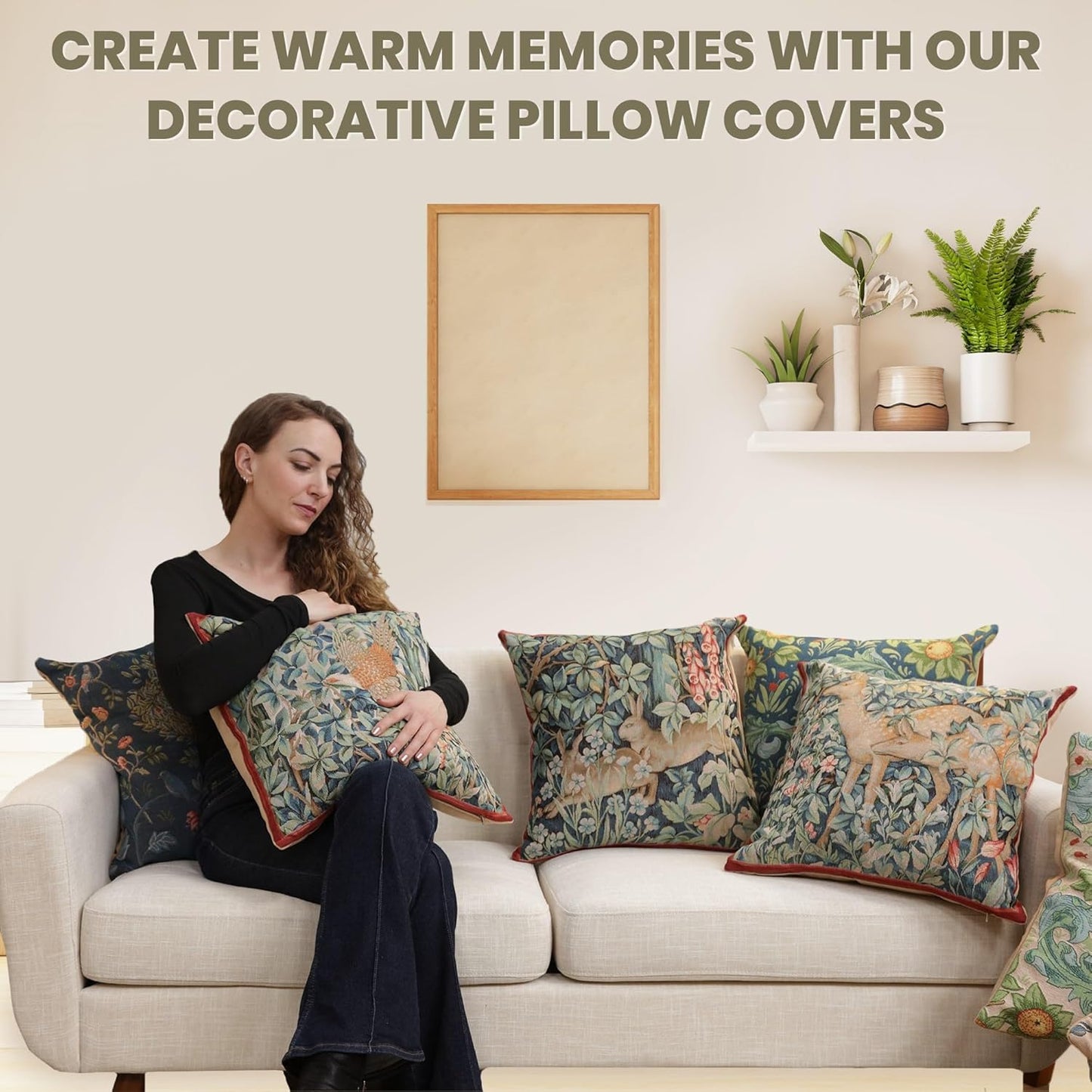 Charlotte Home Furnishings Decorative Tapestry Pillow Cover 19x19 in, Beige Kelmscott Couch Throw Pillow Cover, French Country Square Cushion Cases for Bed Room Home Decor, Soft Cotton Jacquard Woven