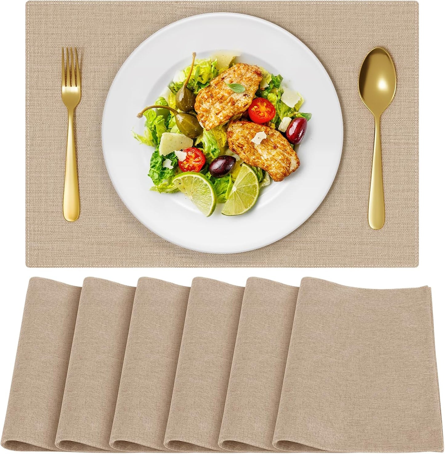 Cloth Placemats, Set of 6 Heat-Resistant Cotton Linen Blend Double Layered Machine Washable Place Mats, Wrinkle Free Thick Fabric Dining Table Mats for Indoors & Outdoors (Light Linen, 6)