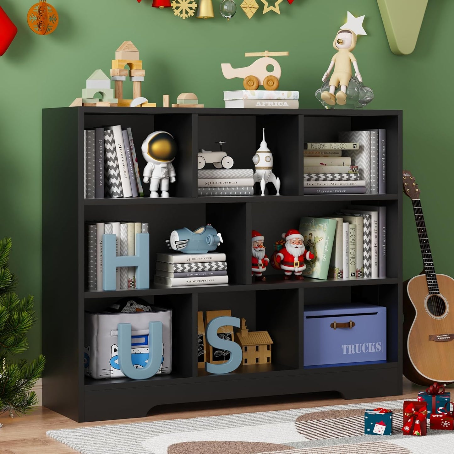 Book Shelf Set of 2, 8 Cubes Storage Organizer, 3-Tier Open Shelf Wooden Bookcase, Freestanding Balck Bookshelf Cube Shelf for Bedroom, Living Room, Home Office