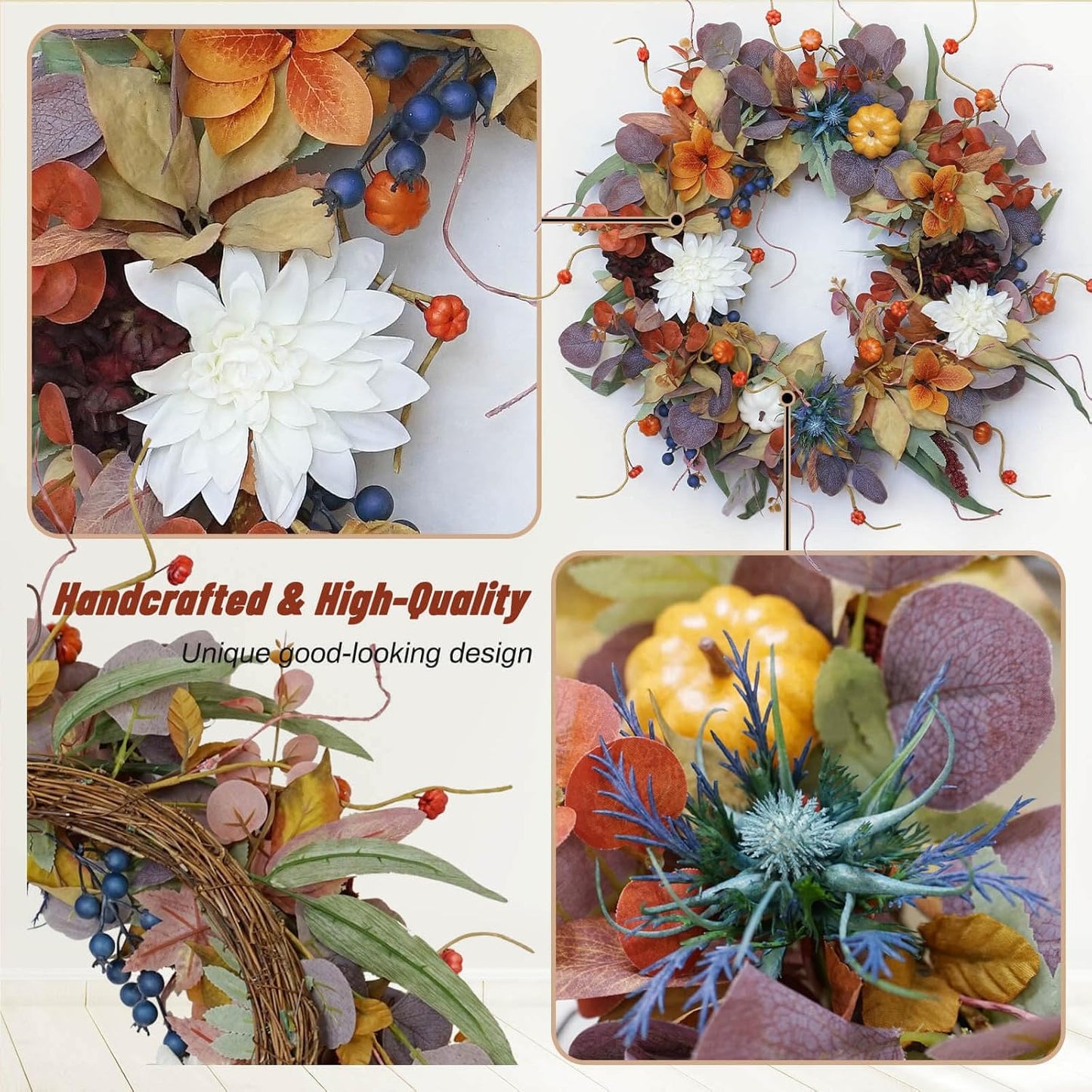 Fall Wreaths for Front Door Outside 24 Inch Autumn Wreath with Pumpkins, Silk Leaves & Purple Flowers Autumn Wreaths for Front Door, Halloween Wreath Decoration, Thanksgiving Decor