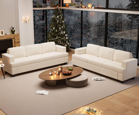 2 Piece Set Comfy Sofa Couch, 2 3-Seater Sofa with Deep Seats, Modern Sleeper Couch for Living Room, Beige Chenille