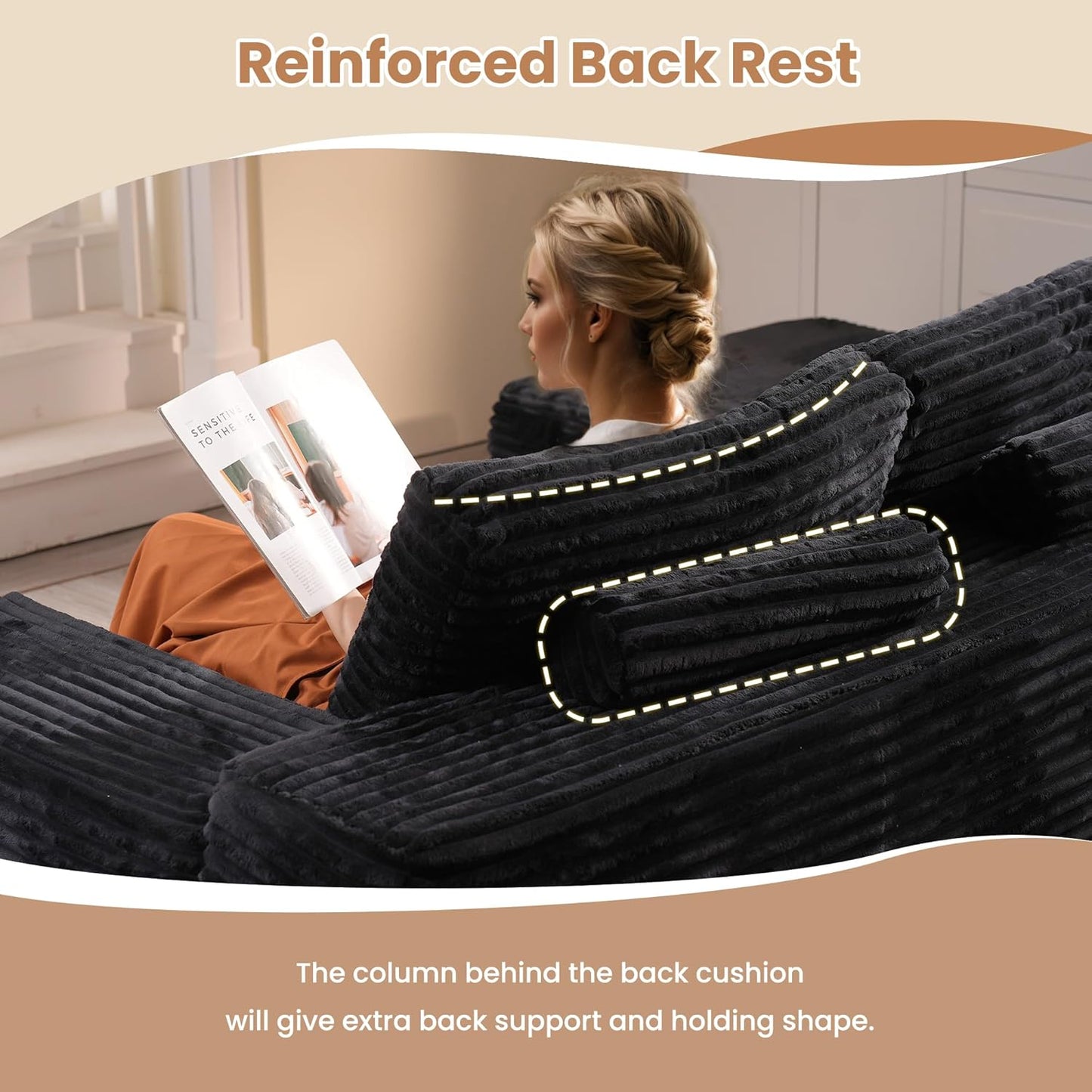 HOOOWOOO Cloud Sectional Couches for Living Room,Modular Sectional Sofa No Assembly,Plush Corduroy Large Floor Couch Furniture Set with Deep Seat Right L Shape and Chaise Lounge(Black)