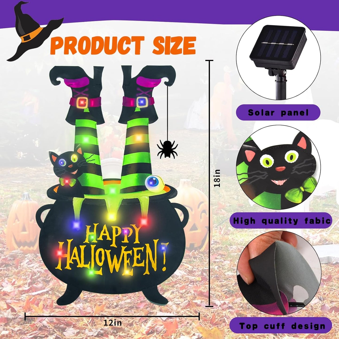 Halloween Lighted Garden Flag for Outside, Witch Feet Shape Flag Yard Decor, 8 Modes 28x40 Double Sided Cauldron Eyeball Black Cat Outdoor Hlloween Decorations for Home Porch（Multi Colored-28x40）