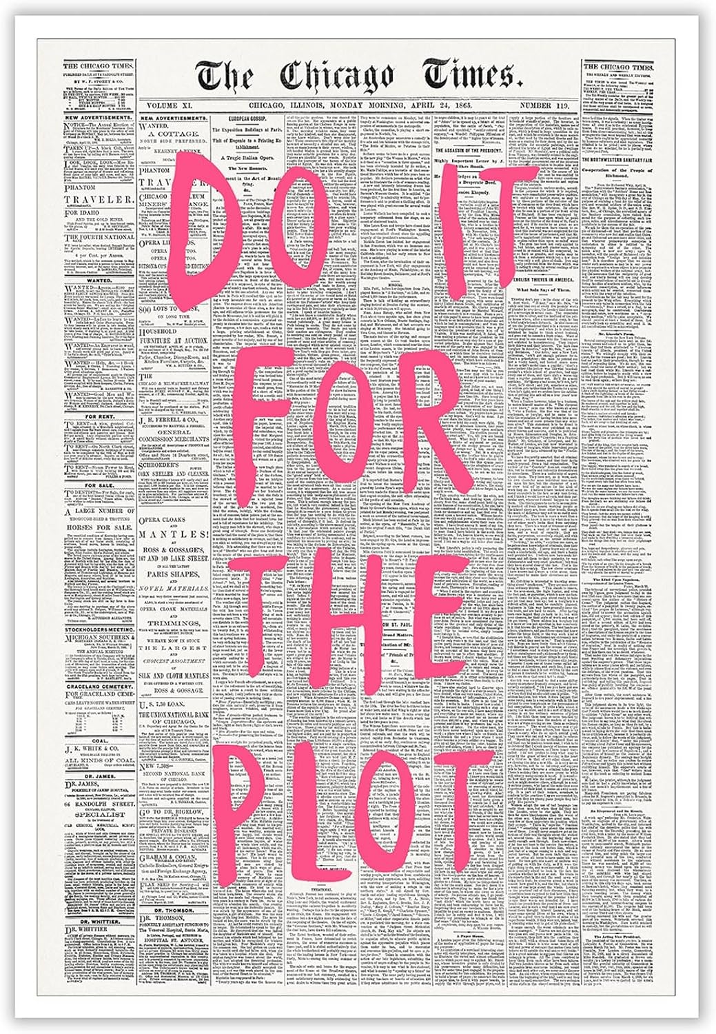 Liyark Retro Black And White Chicago Newspaper Poster Pink Trendy Preppy Apartment Art Motivational Affirmation Do It For The Plot Prints For Home Bedroom Living Room Wall Decor 24x36in Unframed