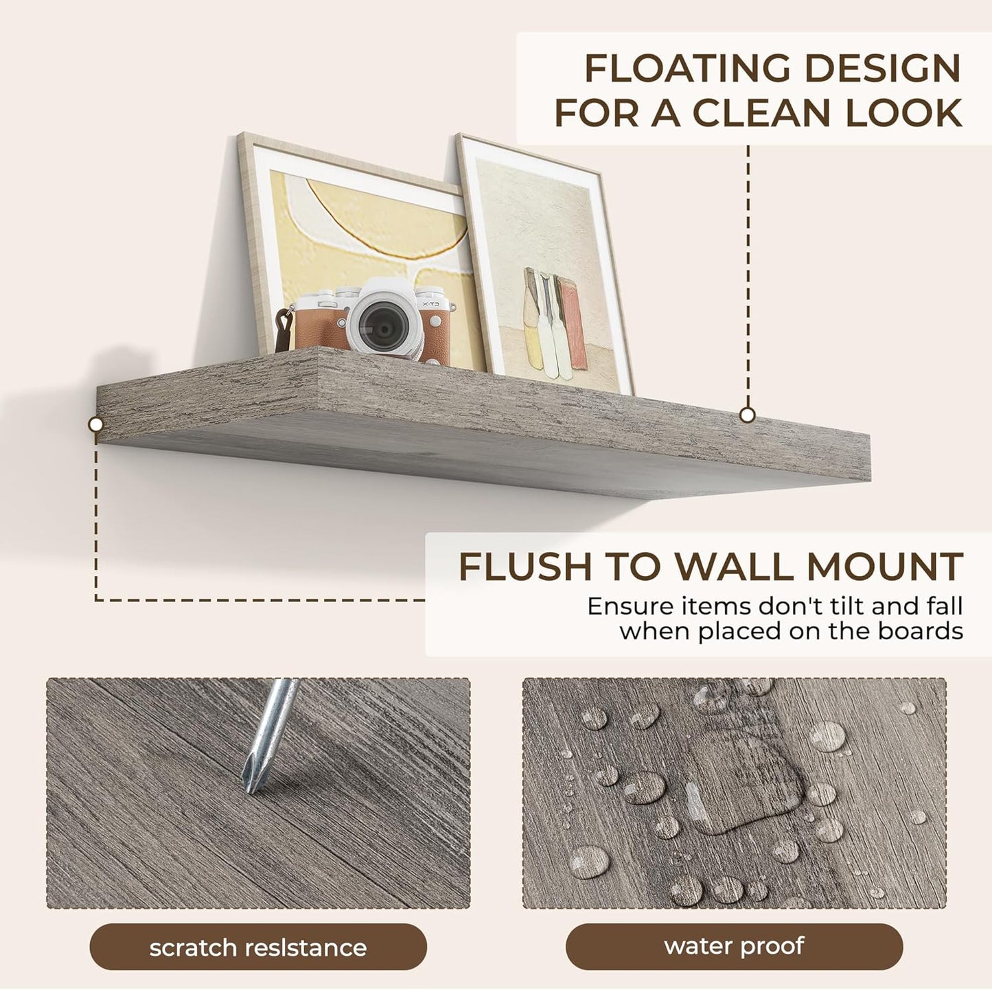 RICHFOCUS 36Inch Floating Shelves for Wall 2 Pack Shelves for Bedroom|Kitchen|Bathroom Wall Mounted Rustic Wood Floating Shelf with Invisible Brackets for Books|Storage|Decor, Grey