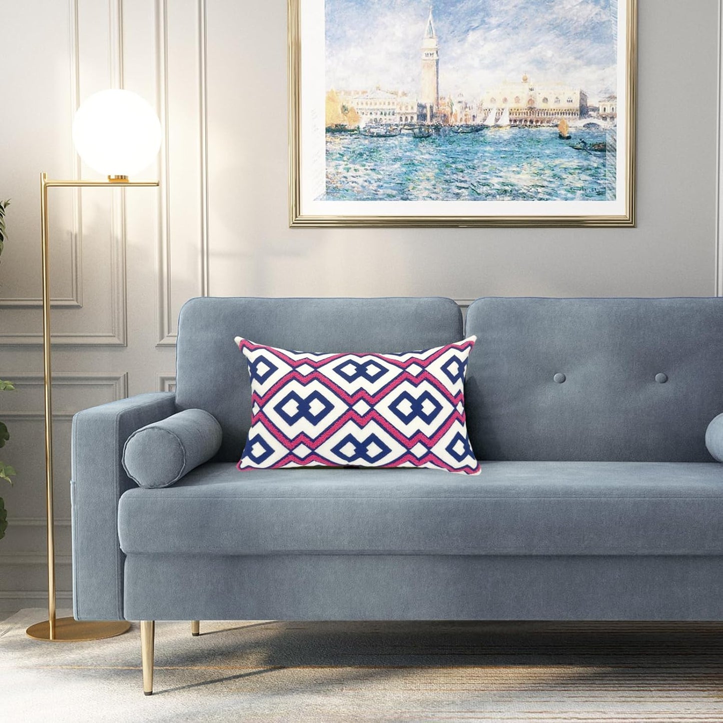 Alysheer Embroidered Lumbar Decorative Throw Pillow Cover 12"x 20", Classic Boho Geometric Embroidery Pattern Cotton Rectangular Cushion Case for Sofa Couch Living Room Bedroom(Blue Pink)