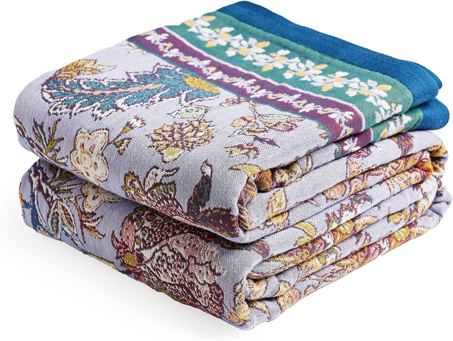 Boho Throw Blanket 80" x 90", 100% Organic Cotton Breathable Ultra Soft Bed Purple Quilt Throw - All Season Luxury Floral Farmhouse Decor Blanket for Sofa Couch Chair and Gift.