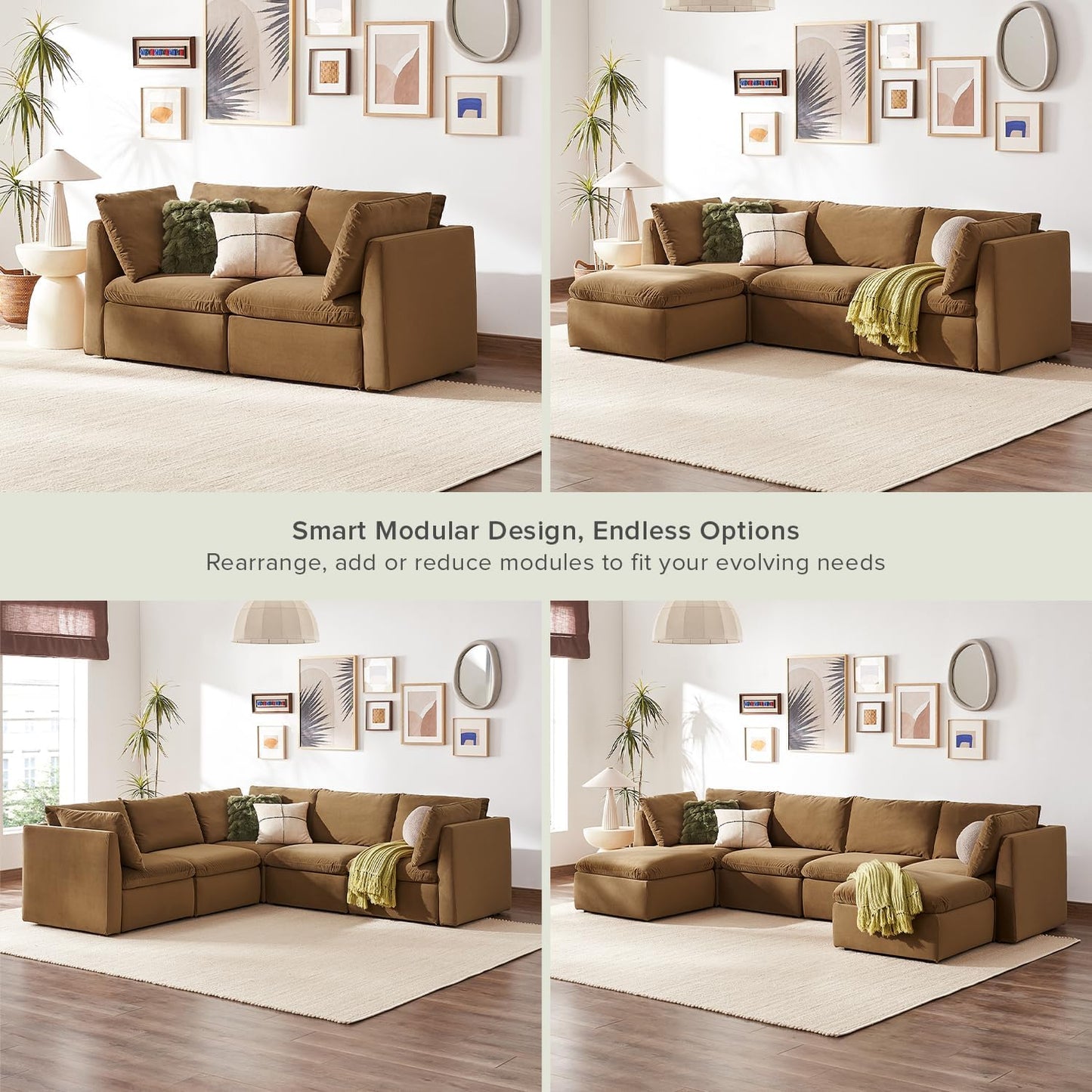 mopio Oversized Modular Sectional Sofa with Fully Removable Covers and Storage, Convertible U, L-Shaped and Sleeper Sectional, Modern Couches with Ottoman Chaise (Hazelnut Velvet, Loveseat)