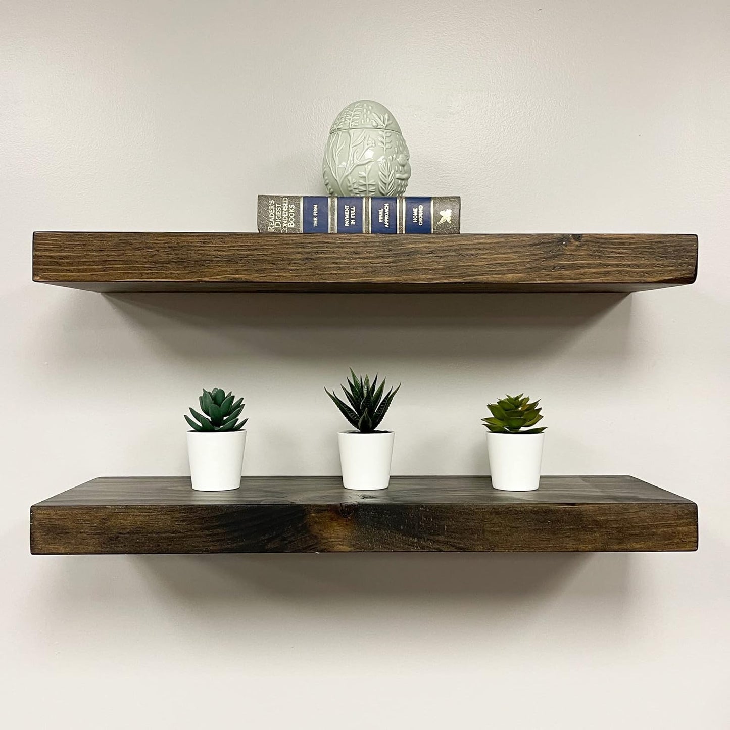 URBANDI, Rustic Floating Shelves, Set of 2, Hidden Bracket, Solid Wood, Heavy Duty, Wall Mounted Shelves, (Dark Brown, 48Wx8D)