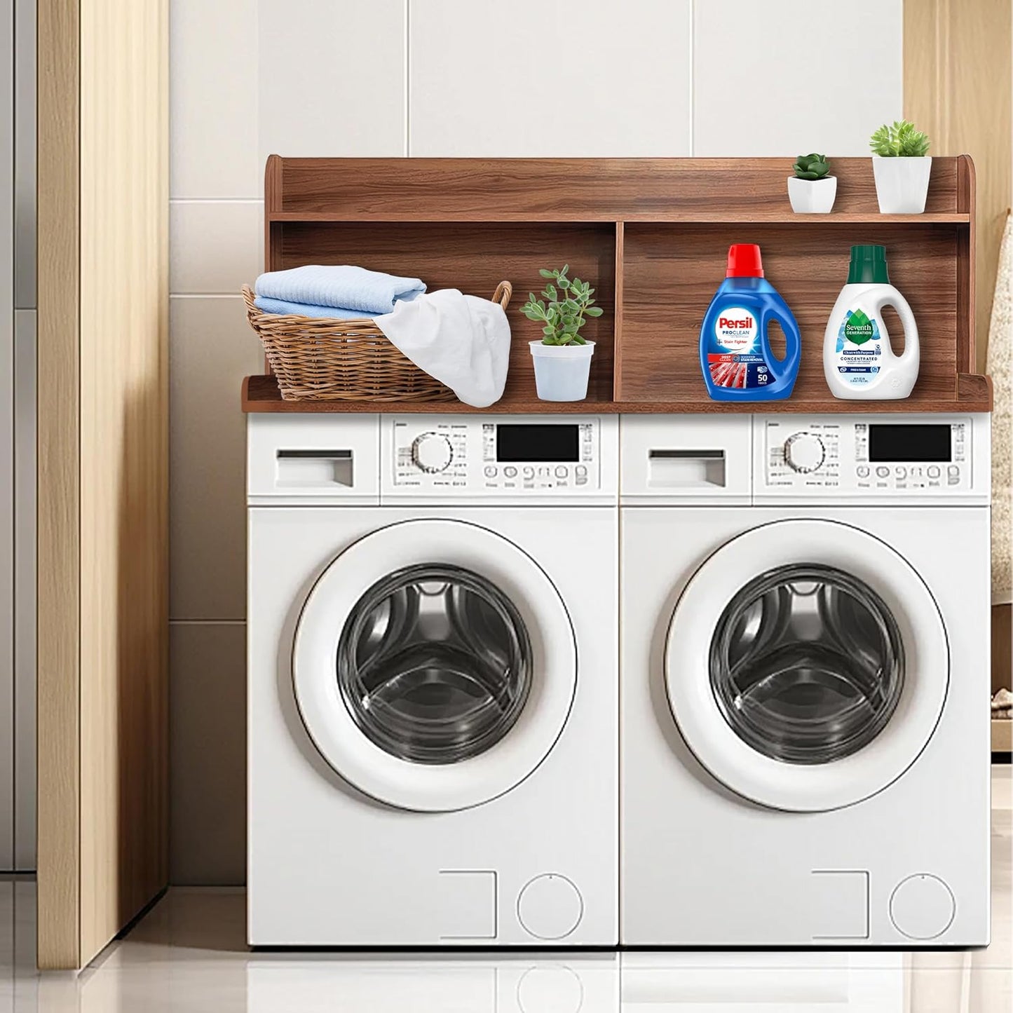 Royxen 2-Tier Washer Dryer Countertop,19.5" H Wood Washer and Dryer Topper with Shelf,Laundry Countertop Over Washer and Dryer, Universal Fit for Laundry Room Organization (Walunt, 54" WX27.5 D)