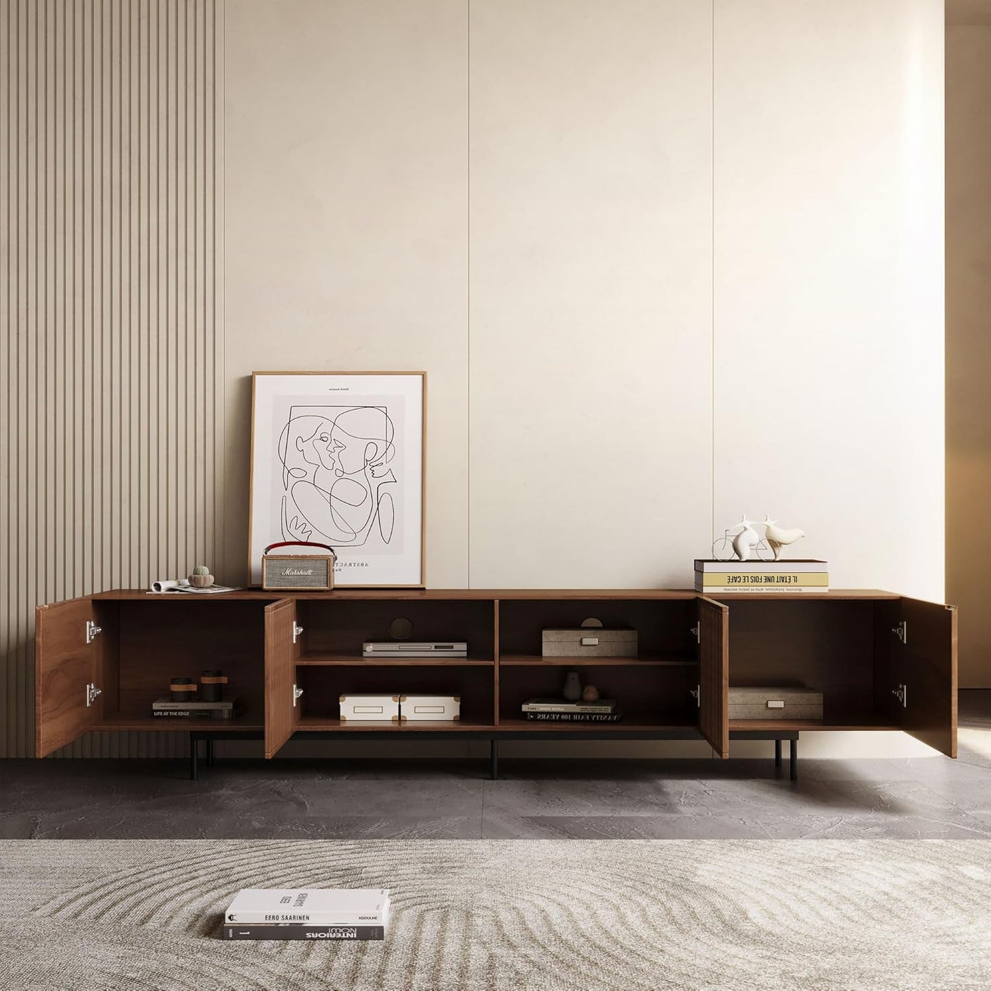 Mid Century Modern TV Stand for 80+ Inch TVs, 94.48" Walnut Console with Ample Storage – Stylish Entertainment Center for Living Room or Bedroom