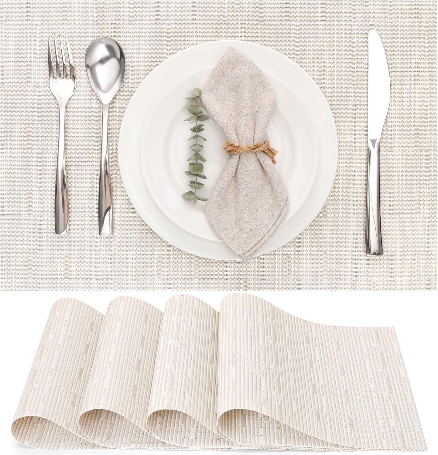 Myir JUN Placemats Set of 4, Vinyl Woven Placemats Place Mats Indoor Set of 4 Washable Table Mats Non-Slip Place mats for Dining Table (B-White, Set of 4)