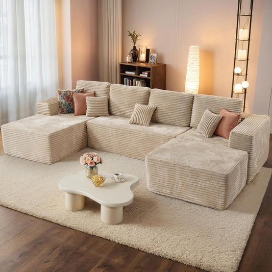 HOOOWOOO Cloud Sectional Couches for Living Room,Modular Sectional Sofa No Assembly,133X70 Inch Plush Corduroy Large U Shaped Floor Couch Set with Deep Seat Chaise Ottoman(Beige)