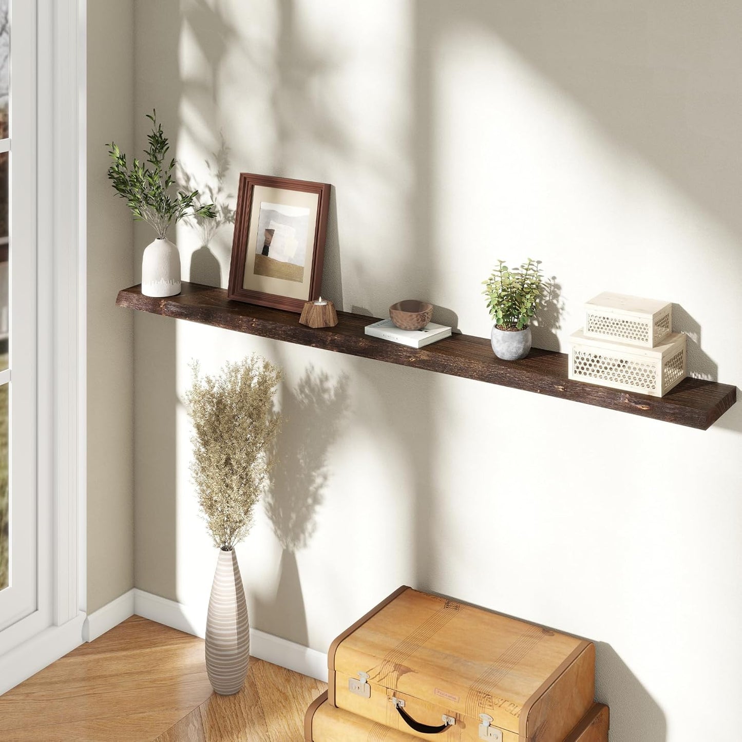 72" Floating Shelves, Live Edge Elm Wood Floating Shelf for Wall, Wall-Mounted Display Shelves with Invisible Heavy-Duty Bracket, Long Floating Shelf for Bathroom, Kitchen, Living Room, Walnut Color