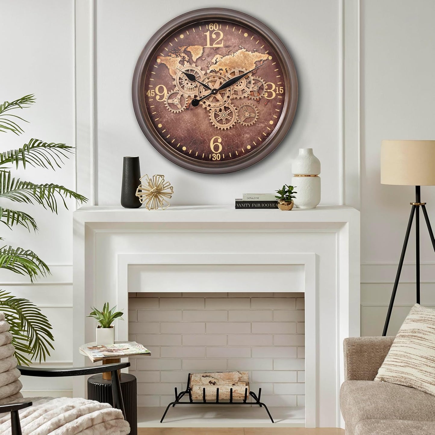 CLXEAST 24 Inch Large Wall Clock with Moving Gears, Industrial Clocks with World Map Dial, Oversized Cool Wall Clock for Living Room Decor,Oil Rubbed Bronze Brown