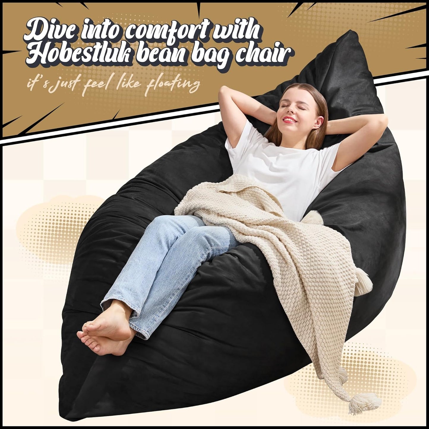 Hobestluk 3 in 1 Bean Bag Chair Giant Bean Bag Chairs for Adults with Velvet Cover Convertible Bean Bag Floor Cushion with Machine Washable Cover for Living Room (Velvet Black)