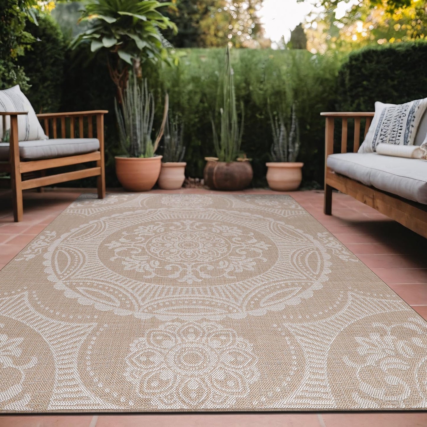 Medallion Outdoor Rug 6x9 Washable Outside Carpet for Indoor Patio Porch Waterproof Easy Cleaning Non Shedding Area Rugs Beige 6 x 9