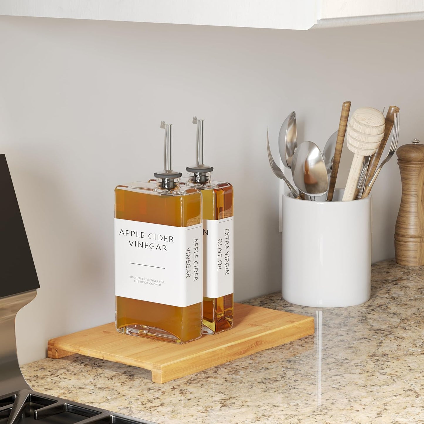 New England Stories Kitchen Cooking Oil Dispenser Set, Olive Oil and Vinegar Bottles, Soy Sauce Dispenser - 6 Pieces, Silver, Durable & Stylish Design