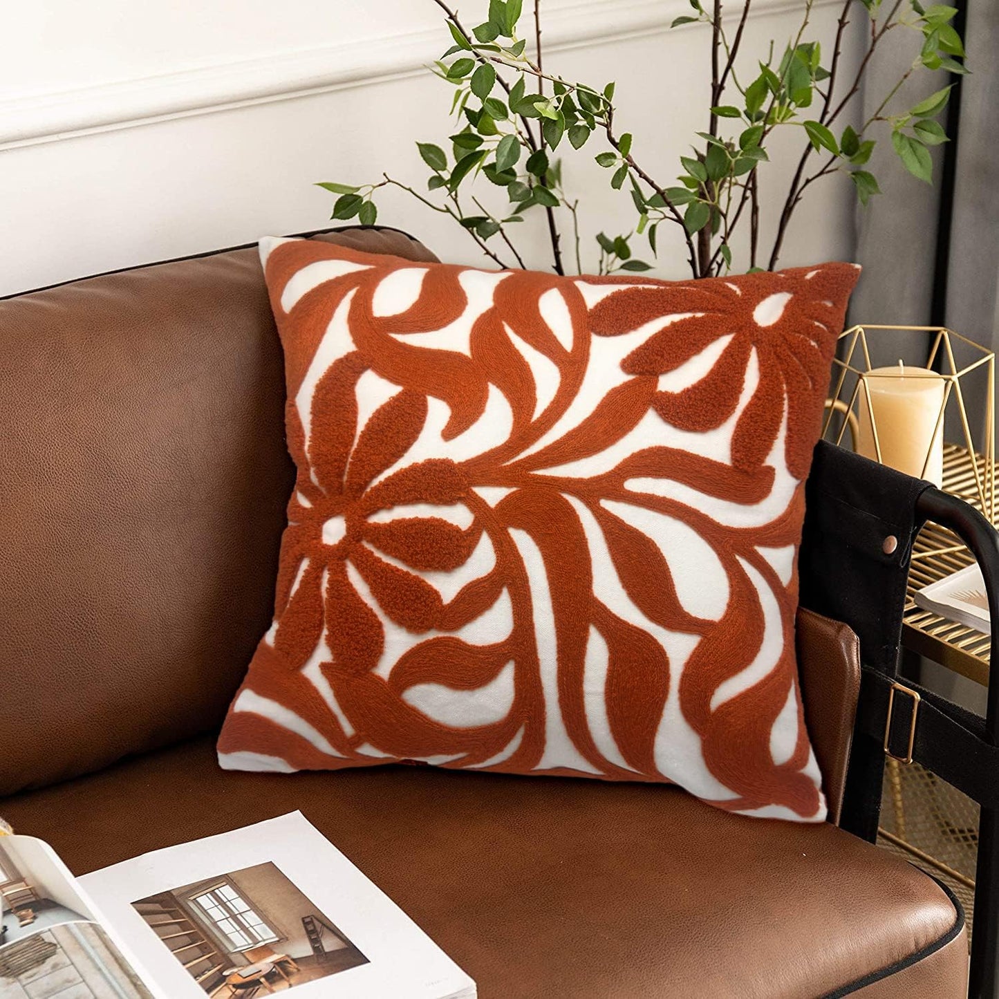 Alysheer Farmhouse Floral Leaves Embroidered Decorative Throw Pillow Cover 18x18 inches, Boho Tufted Flowers Embroidery Pattern Chic Cotton Cushion Case for Couch Bed Sofa Living Room(Burnt Orange)