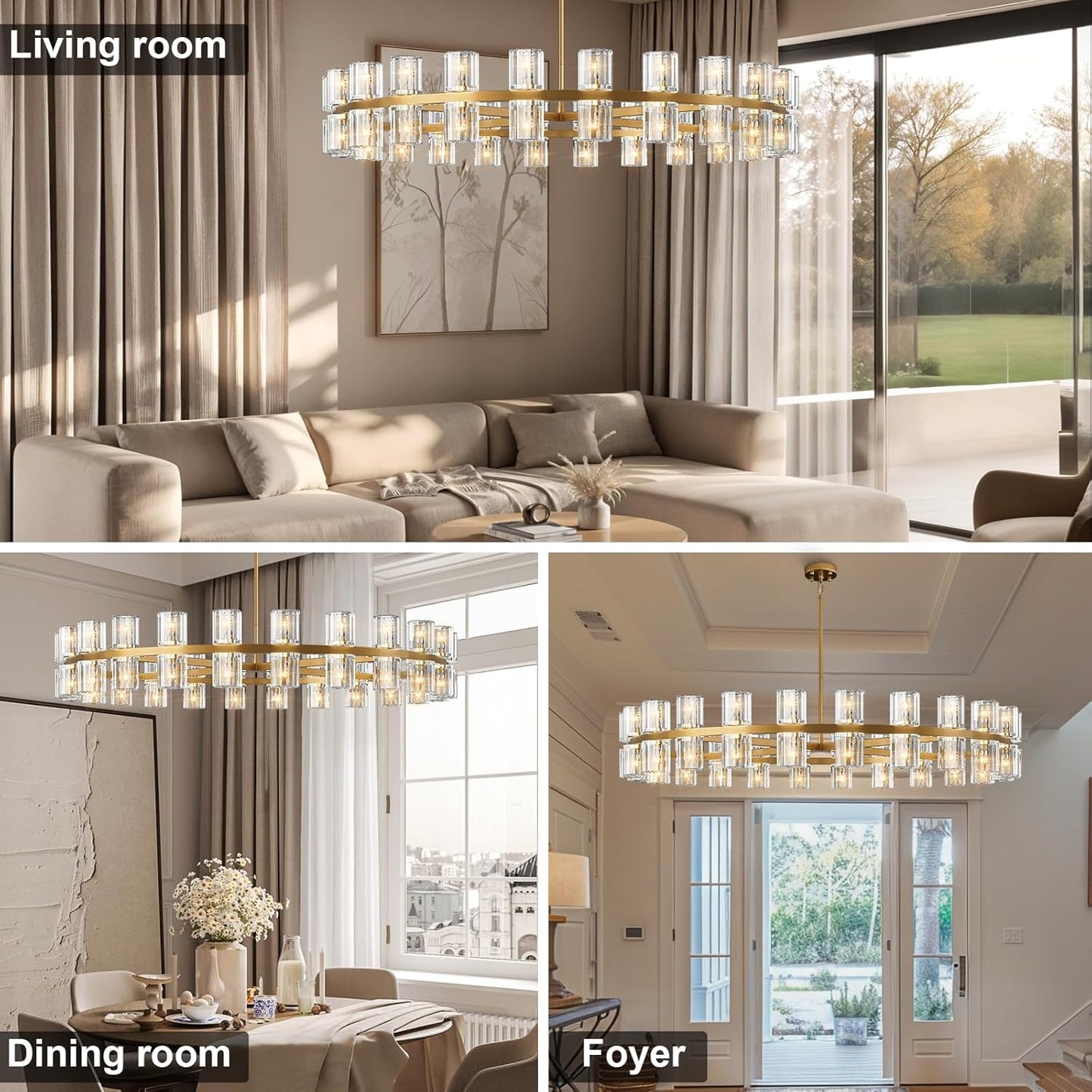 Modern 48 inch Gold Round Chandelier Light Fixture,Crystal Chandeliers for Dining Room,Living Room, Wagon Wheel Chandelier Over Table, Chandeliers for Bedroom,Foyer,G4 Bulbs Included