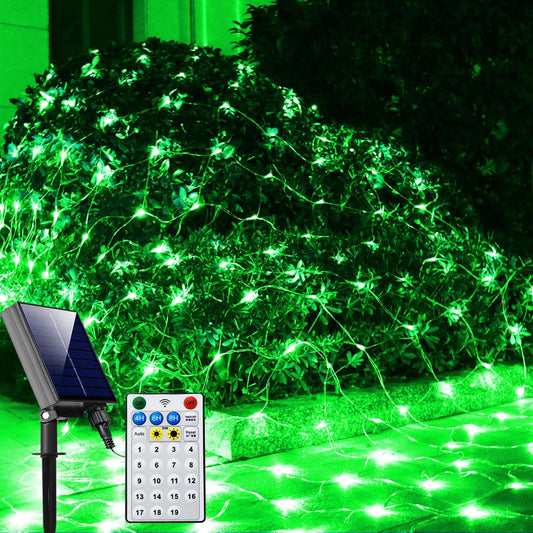 Solar Net Lights Outdoor Mesh Lights Green, Christmas Lights 19 Modes Solar Powered/USB Transparent Wire, 200 LED Fairy Lights for Fence, Garden, Yard, Bushes, Trunk, St. Patrick's Day Decor