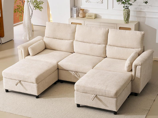 103''U Shaped Modular Sectional Sofa, Comfy Cloud Sectional Couch with Storage Ottoman, Chenille Deep Seat Modern Modular Sofa with 2 Throw Pillows for Living Room,Beige
