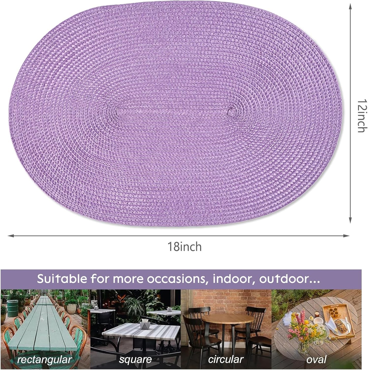 AHHFSMEI Placemats Set of 6 for Dining Table Washable Woven Vinyl Non-Slip 18x12 inches Placemat Heat-Resistant Durable Table Mats for Dining Table Easy to Clean(Lavender Purple)