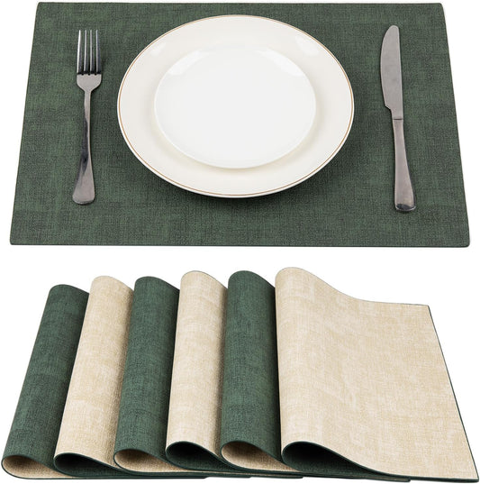 SUEH DESIGN Leather Placemats Set of 6 Reversible Table Mats Heat Resistant Waterproof No-Slip Place Mats for Dining Table Kitchen Parties, Dark Green and Beige