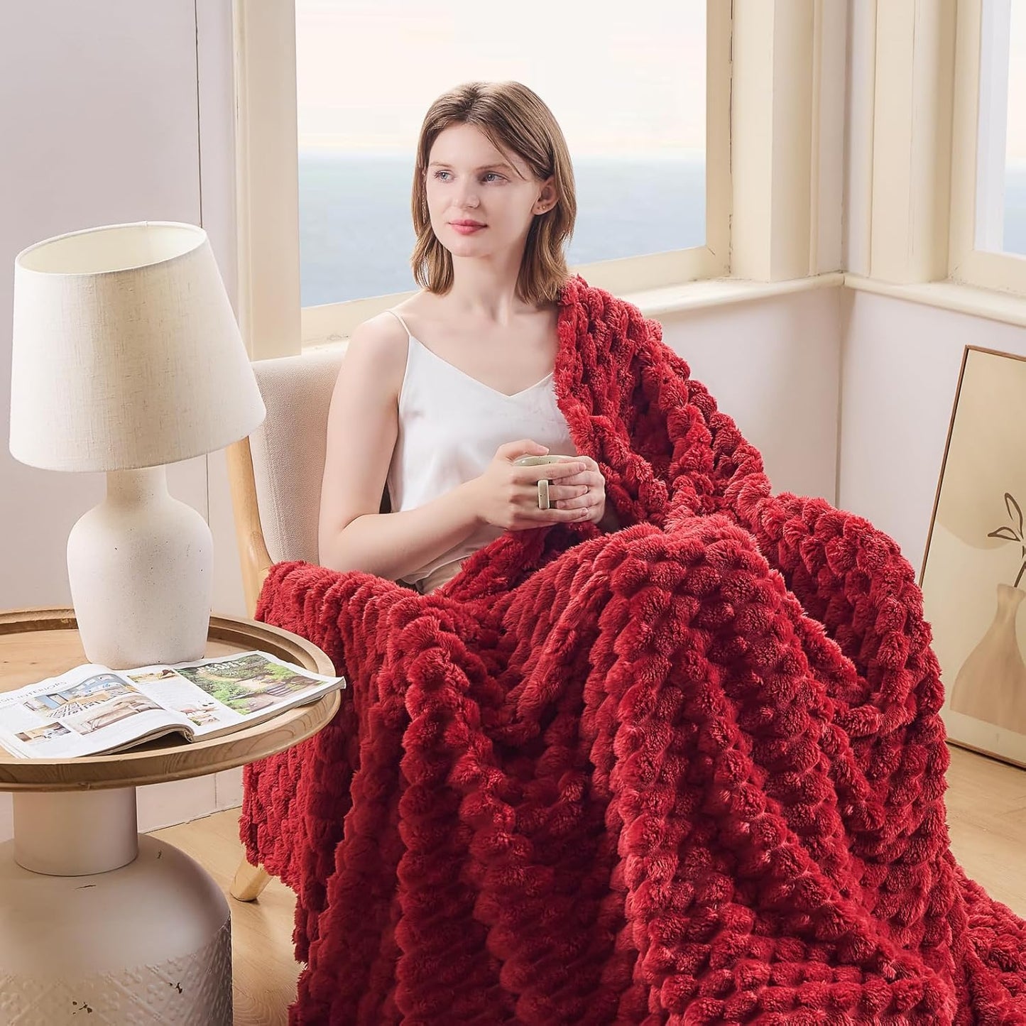 NEWCOSPLAY Super Soft King Blanket Red Premium Silky Flannel Fleece 3D Clouds Stylish Jacquard Lightweight Bed Blanket All Season Use 350GSM (Red, King(90"x110"))