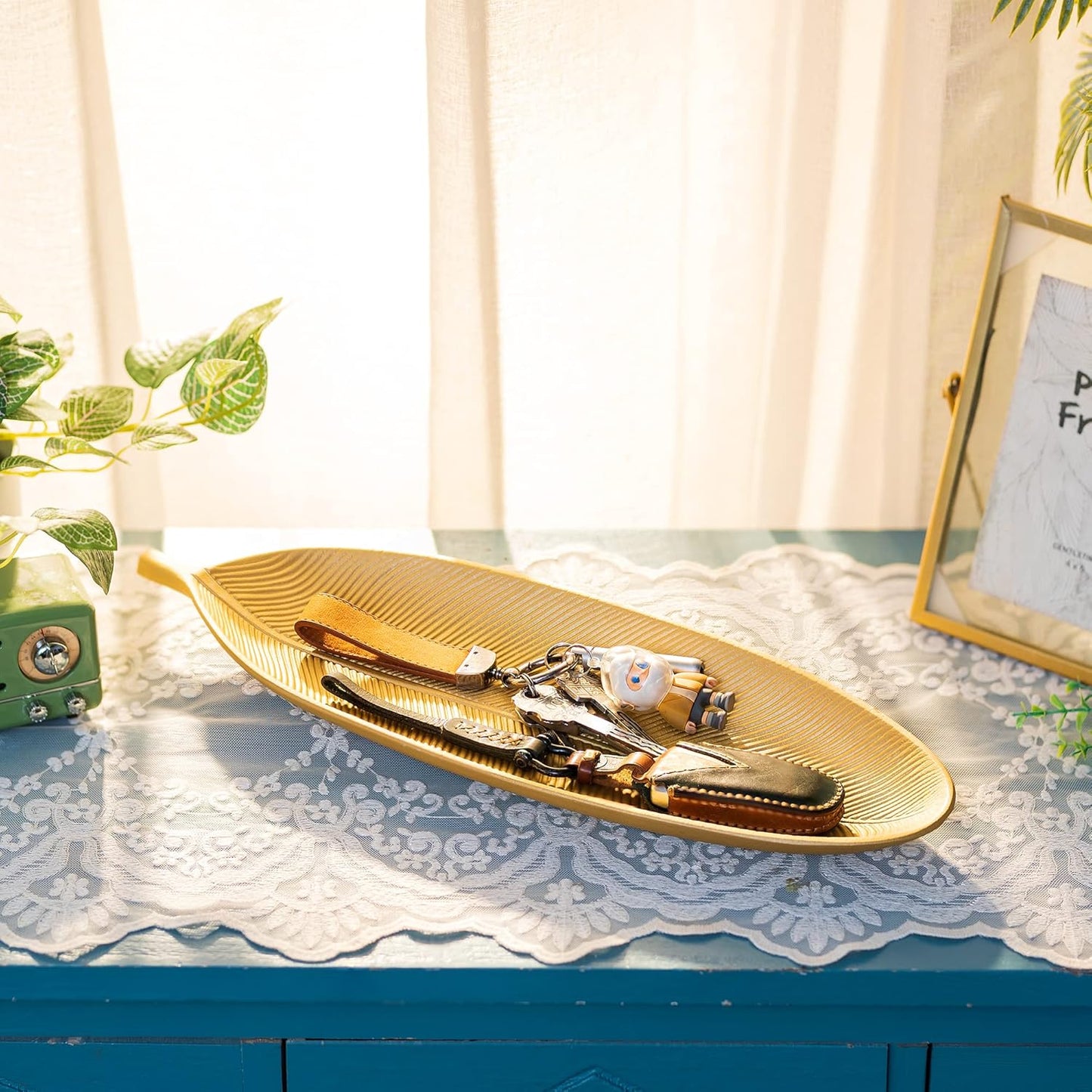 Hanobe Leaf Wooden Decorative Tray: Leaf Shaped Wood Key Tray Decor Leaves Bowl for Crystal Small Candle, Gold